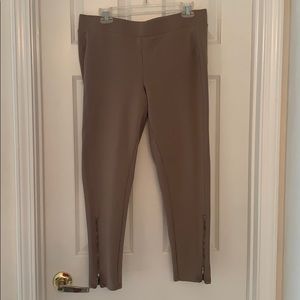 Beige leggings with zippers at bottom of legs.